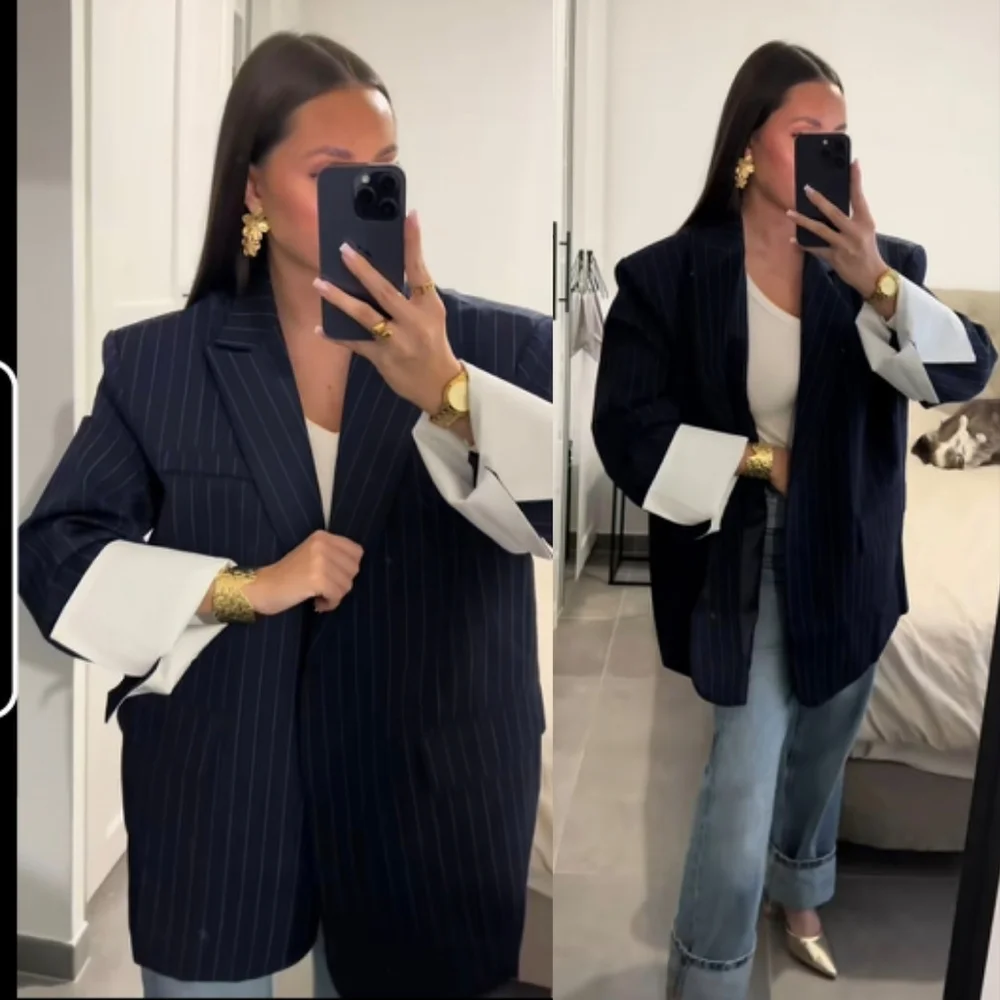 Zara NWT Oversized Pinstripe Blazer Navy Blue Size XS/S